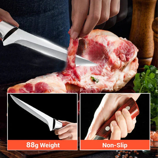 Stainless steel kitchen knife cutting raw meat, highlighted as 88g lightweight and non-slip handle; clarioy kitchenware.