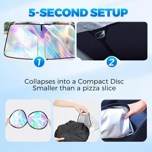 Holographic foldable car sunshade with easy 5-second setup, compact for auto accessory storage