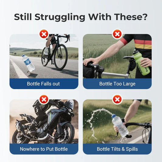 Cyclists and motorcyclist facing common bottle storage problems—falling, oversized, nowhere to put, and spills—promoting clarioy auto tools and accessories.