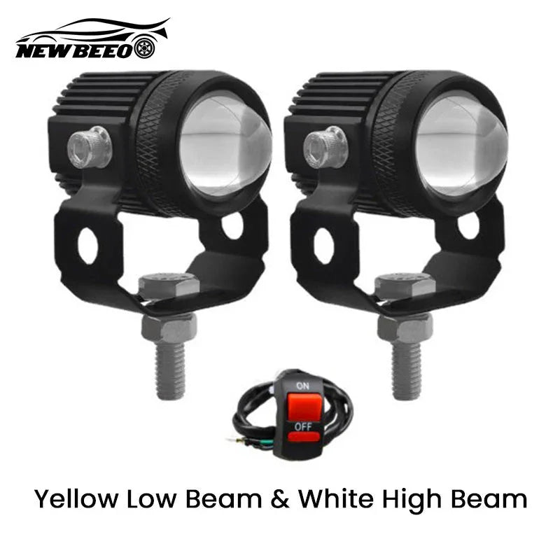 Pair of NEWBEEO LED motorcycle headlights with mounting brackets and control switch, yellow low beam and white high beam.