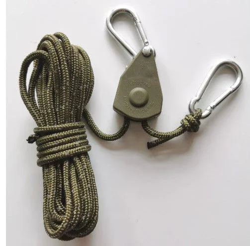 Rope pulley system with metal carabiners and green nylon cord, ideal for auto tools at clarioy