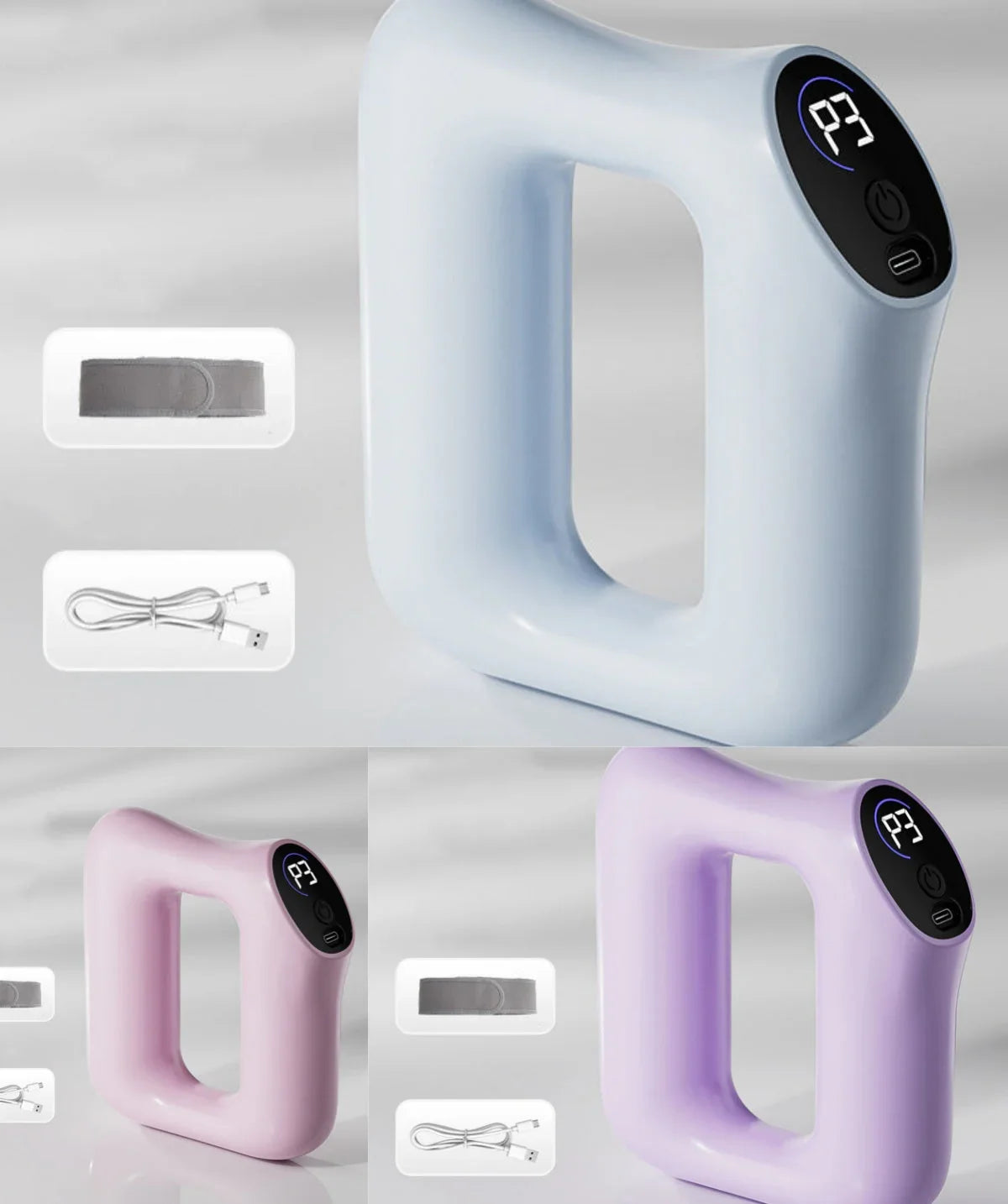 Clarioy handheld electronic massagers in blue, pink, and purple with digital display, USB cable, and strap accessories.