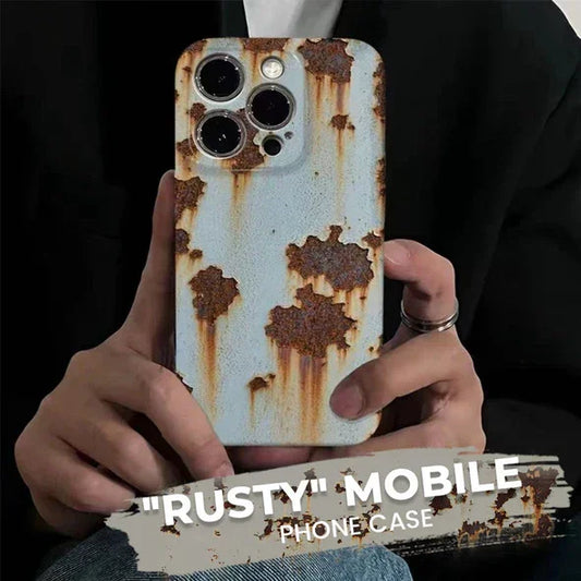 Person holding iPhone with realistic rusty metal phone case, clarioy homeware electronics