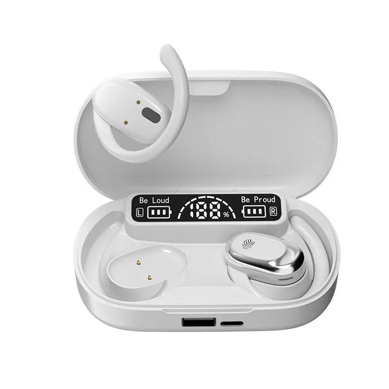 White wireless earbuds with charging case, LED display, and ear hooks from Clarioy.