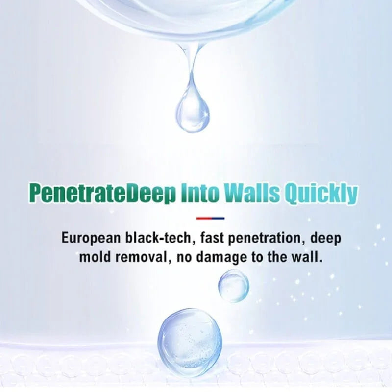 Liquid droplet and bubbles illustrating fast wall penetration mold remover, clarioy auto tools homeware.