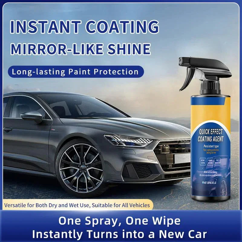Premium auto coating spray bottle next to a shiny gray car, showing mirror-like paint finish