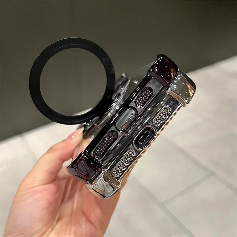 Hand holding a premium iPhone case with metallic edges and ring stand, featured at clarioy.