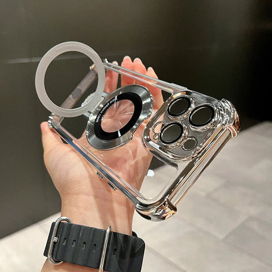 Hand holding a clear magnetic iPhone case with metal accents, featured at clarioy