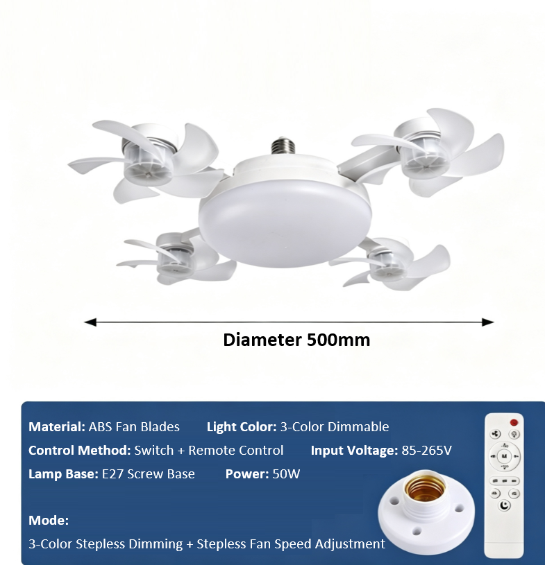 ๐ 50% OFF! ๐ก Ceiling Fan with E27 Socket โ Quiet 2-in-1 LED Fan with Remote Control โ Cooling & Lighting in One ๐