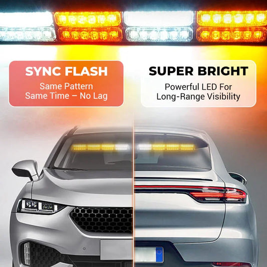 Sync flash LED car light bar on silver sedan for long-range visibility, premium auto tool from clarioy