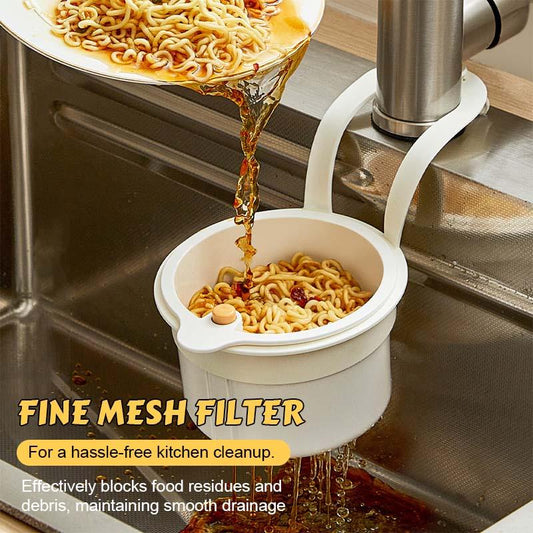 Fine mesh kitchen sink filter catching noodles and debris for easy cleanup, showcased by clarioy.