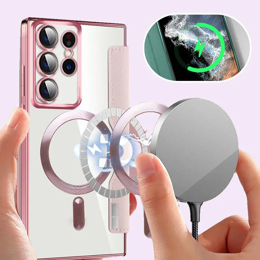 Transparent pink phone case with MagSafe wireless charger on smartphone, clarioy homeware tech accessory
