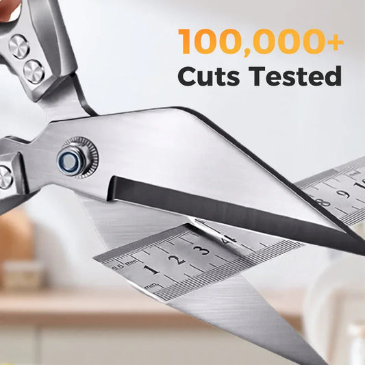 Heavy-duty stainless steel scissors from clarioy cutting metal ruler, text reads '100,000+ Cuts Tested'.