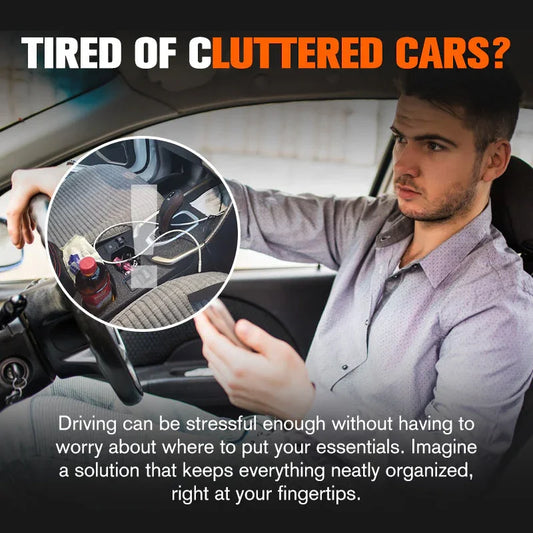 Man frustrated by car clutter with close-up of messy car interior, promoting clarioy auto organization tools.