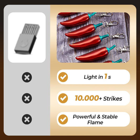 Red chili pepper keychain lighters on wood, quick ignition, durable, stable flame from clarioy.