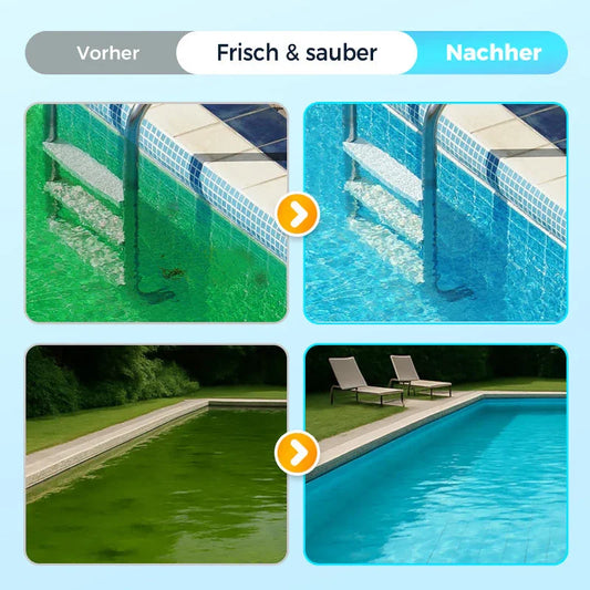 Before and after pool cleaning comparison, showing removal of green algae for a fresh, clear pool.
