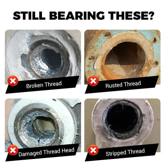 Comparison of broken, rusted, damaged, and stripped threads on metal pipe fittings for auto tools.