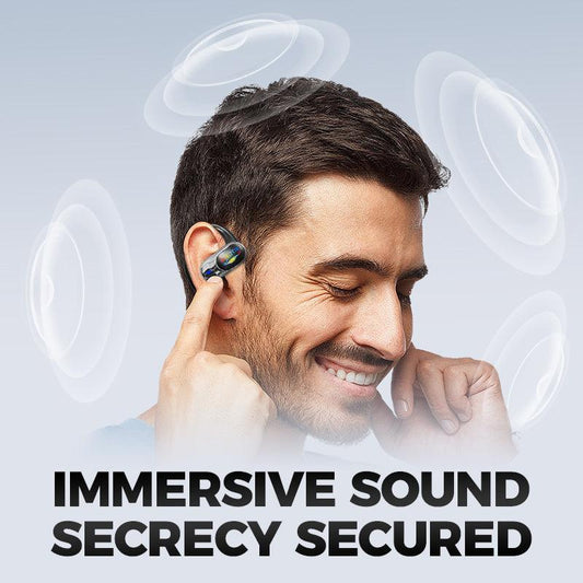 Man wearing clarioy wireless headset, smiling, with sound waves and immersive sound text