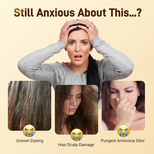 Woman looking anxious about hair dyeing issues like uneven color, hair damage, and strong odor, clarioy promo image
