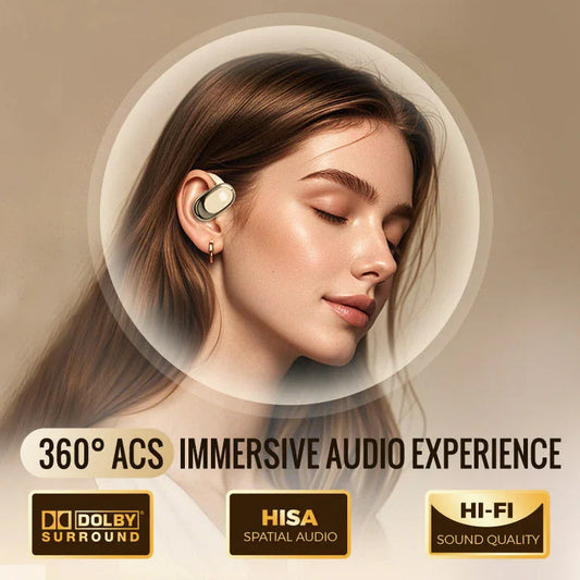 Woman wearing wireless earbud enjoying immersive audio, clarioy 360° ACS, Dolby surround, HI-FI quality.