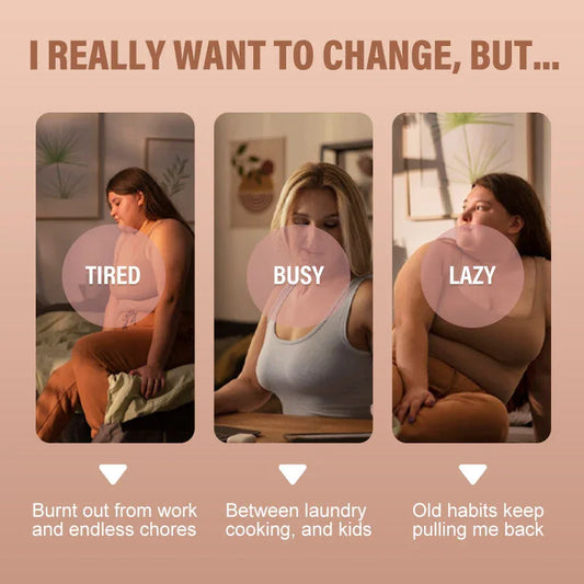 Three women at home, labeled tired, busy, lazy; struggling with change, chores, habits.