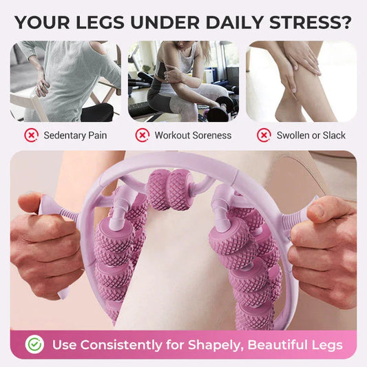Person using a pink leg massager roller for muscle relief, promoting home wellness tool from clarioy.