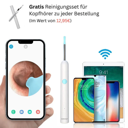Wireless ear cleaning tool kit for smartphones and tablets, shown with live ear inspection on phone screen, featured on clarioy shop.