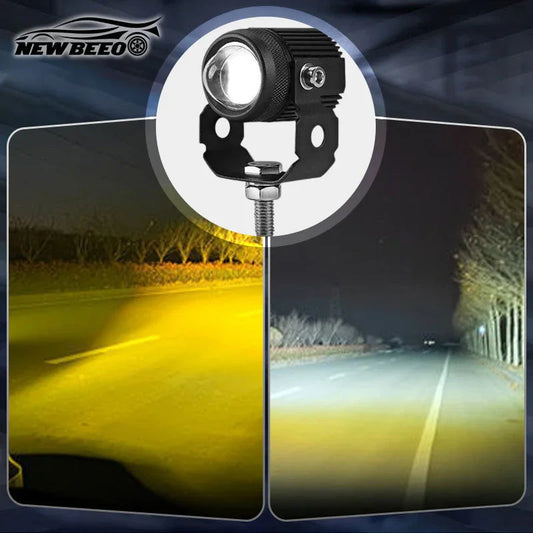 LED car fog light for auto tools showing yellow and white beam comparison on road at night