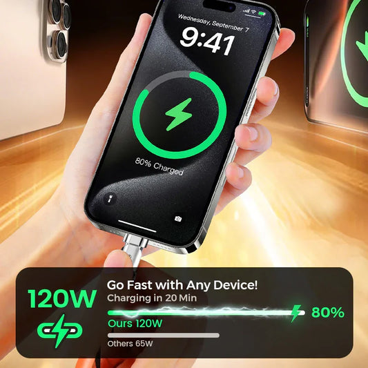 Hand holding smartphone with fast charging cable, 80% charged, 120W power, clarioy electronics