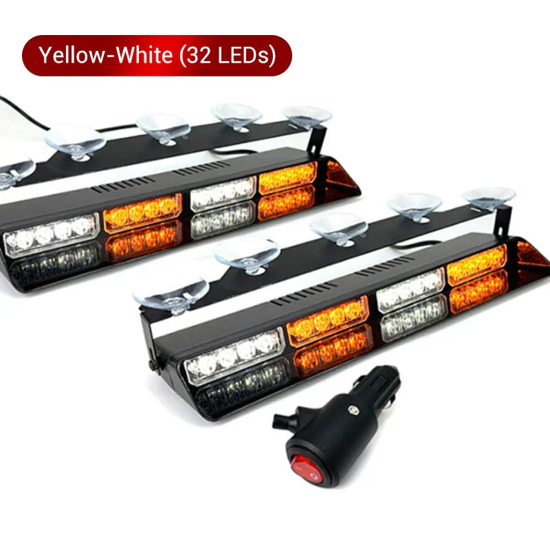 Yellow-white 32 LED strobe warning lights for cars with suction mounts and power adapter, clarioy auto tools