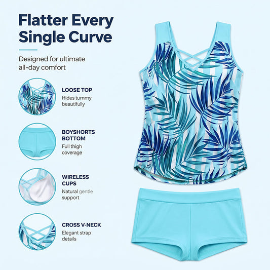 🏖️ 50% OFF! ✨ Sporty Two-Piece Bathing Suit – Criss-Cross Neck, Boy Shorts, Quick-Dry 🏄♀️