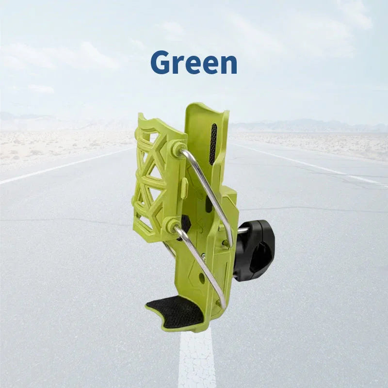 Green adjustable car phone holder mount on road background, premium auto tool by clarioy