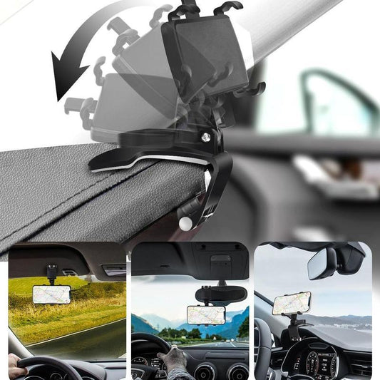 Adjustable car phone holder clipped to visor, shown holding smartphone with map in vehicle.