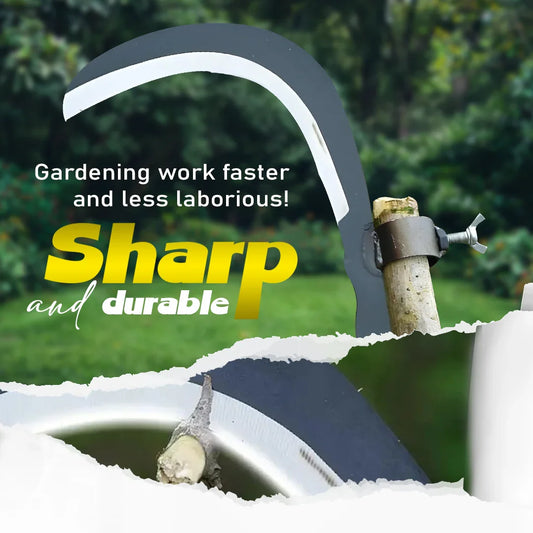 Sharp durable gardening sickle tool for cutting, showcased outdoors on clarioy homepage.