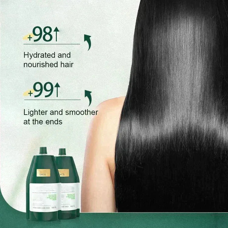 Shiny, healthy long hair with two green shampoo bottles, hair care benefits highlighted, clarioy.