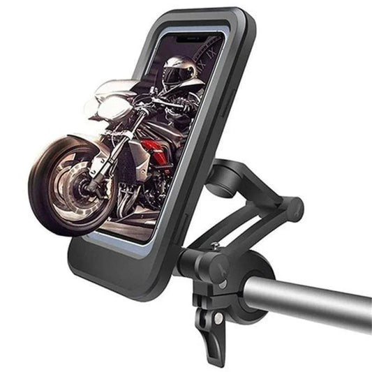 Motorcycle phone mount holder with smartphone displaying a motorbike image, premium auto tool