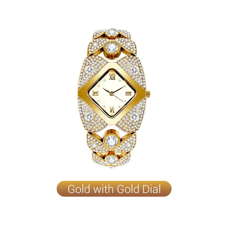 Gold watch with diamond accents, Roman numerals, and gold dial, luxury jewelry from clarioy