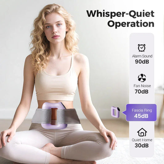 Woman using clarioy fascia ring belt for quiet pain relief, sitting cross-legged indoors