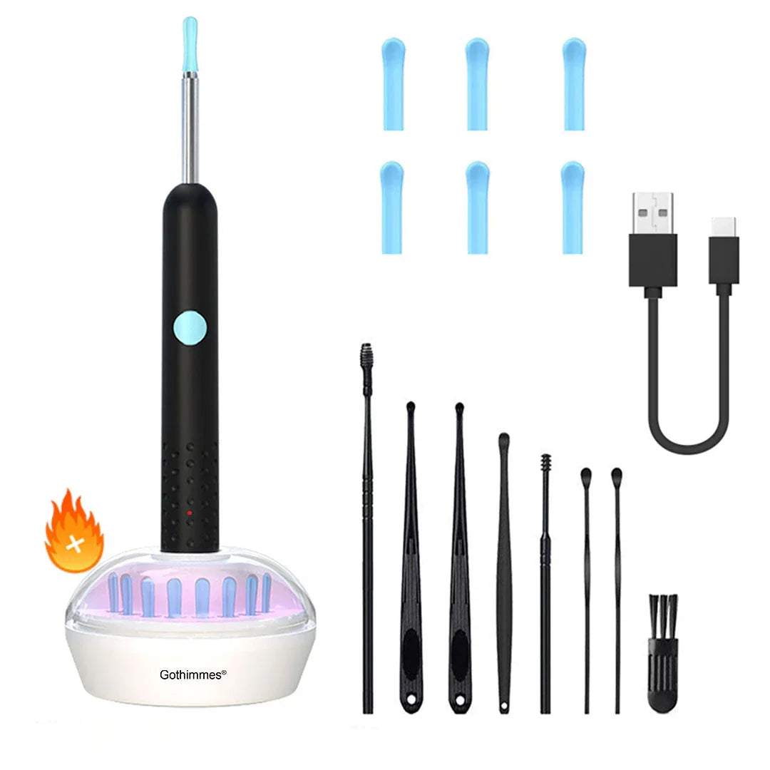 Electric ear cleaning kit with multiple tips, cleaning tools, charging base, and USB cable