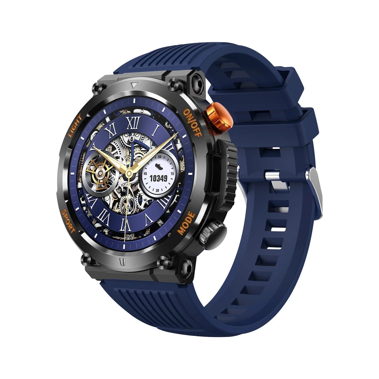 Blue silicone band smartwatch with skeleton dial, Roman numerals, and premium detailing from clarioy
