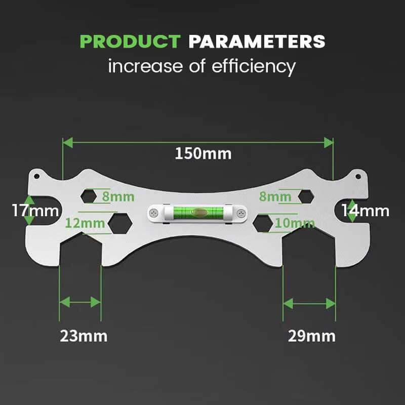 Multi-size metal wrench tool with measurements, spirit level, and multiple hex openings, clarioy auto tools.