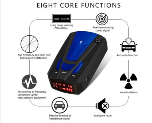 Clarioy black and blue car radar detector showcasing eight core features for auto tools.