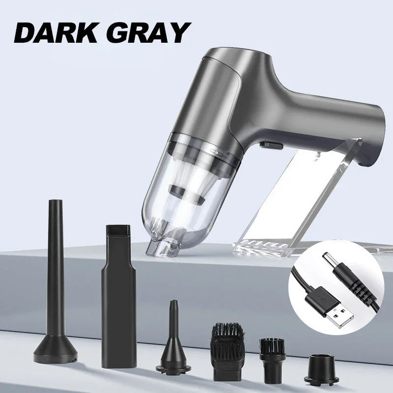 Dark gray handheld mini vacuum cleaner with brush nozzles and USB charging cable, clarioy auto tool.