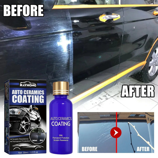 Auto ceramics coating before and after on black car door, showing scratch removal and shine, clarioy auto tools.