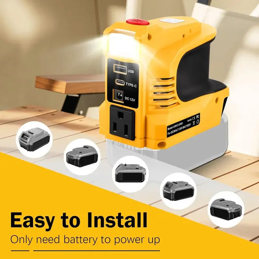 Yellow portable power inverter with USB, Type-C, and AC outlets for DeWalt 20V battery on tabletop