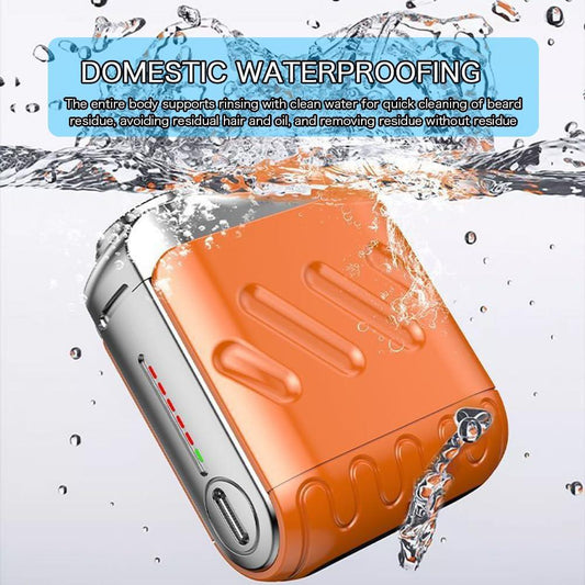 Waterproof orange electric shaver partially submerged, demonstrating rinseable design for easy cleaning.