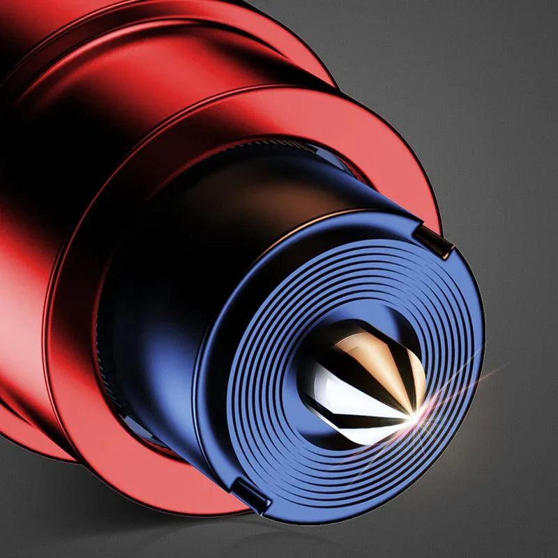 Close-up of a metallic red and blue auto tool part with spiral design, clarioy auto tools
