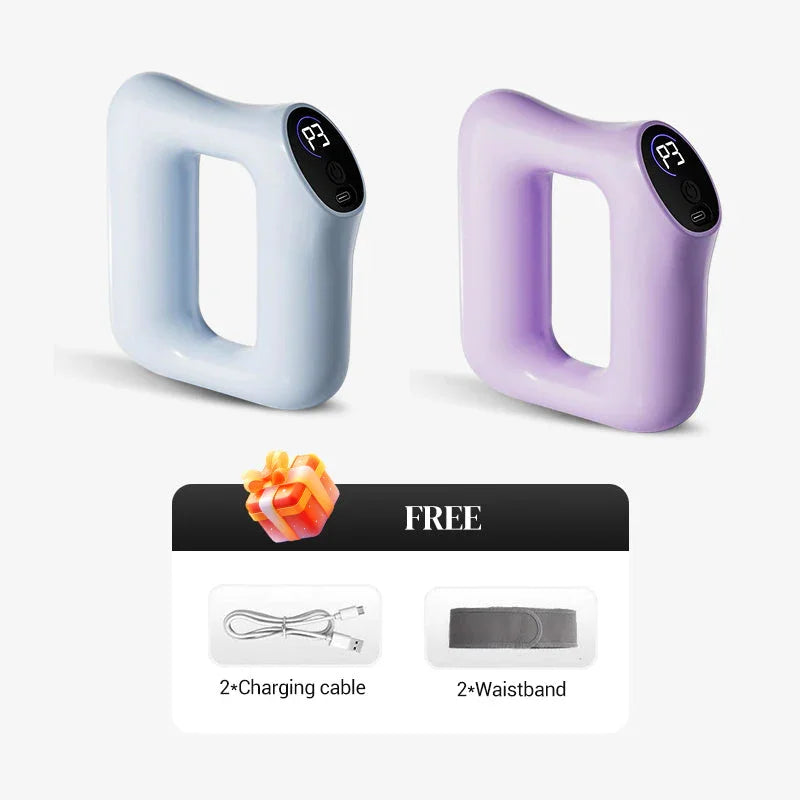 Clarioy wireless handheld massagers in blue and purple with free charging cables and waistbands.