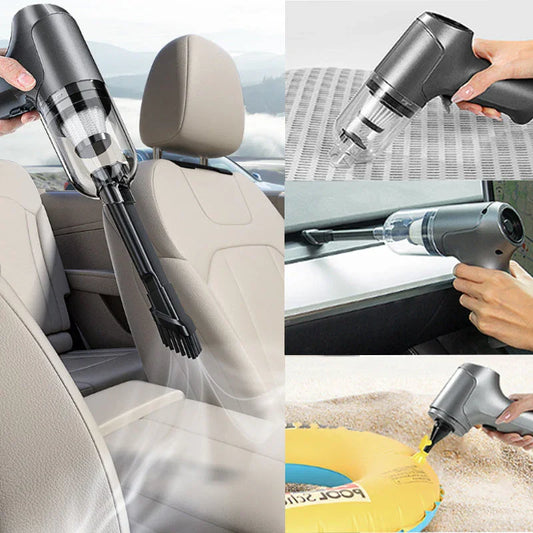 Handheld cordless vacuum cleaner for car and home from clarioy, cleaning seats, inflating pool float.