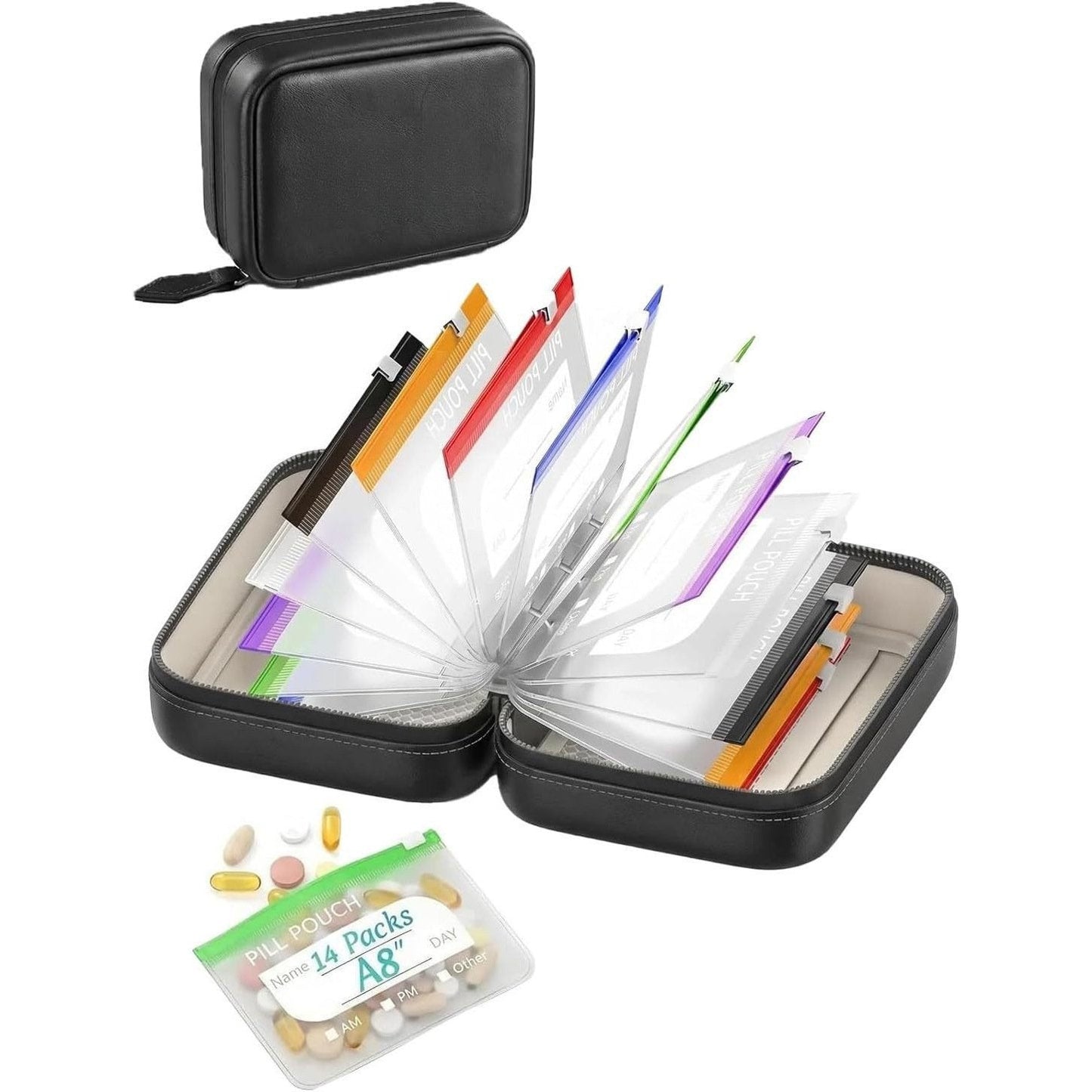 💊 A8 Waterproof 14 Color-Coded Pill Pouches Organizer – Portable Binder-Style Weekly Travel Medicine Storage Case for Pills, Vitamins & Supplements